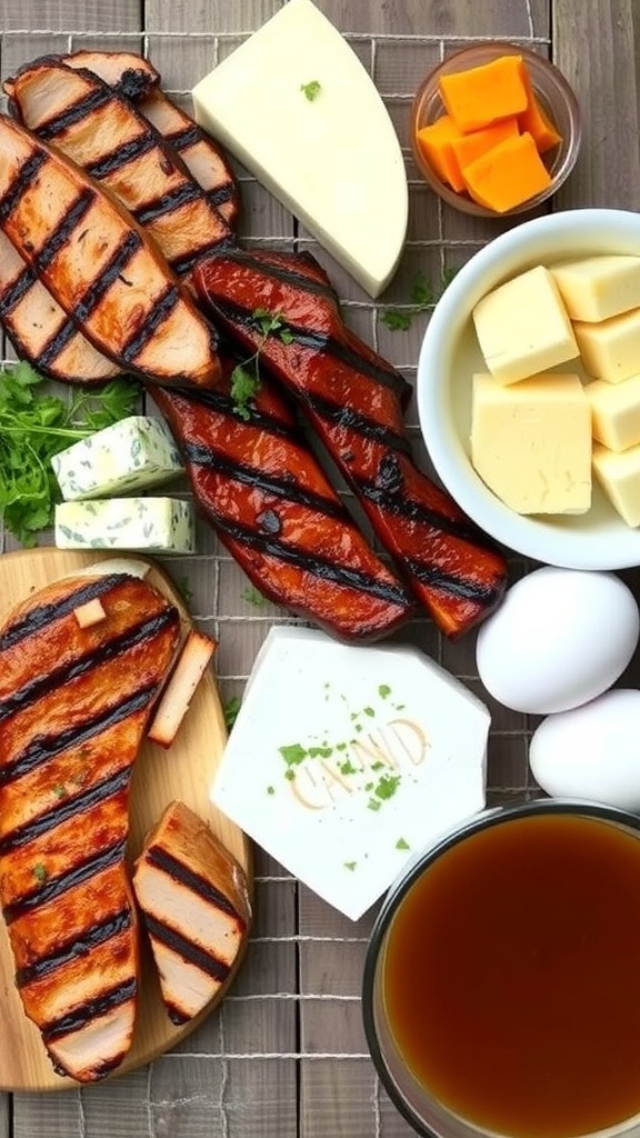 A variety of zero carb foods including meats, cheeses, and eggs on a wooden table.